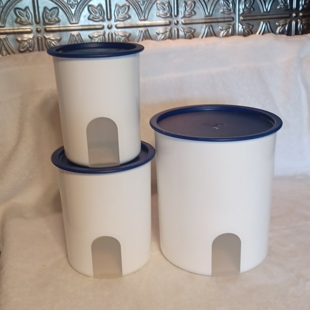 Tupperware canister set white with blue lids made in the USA seal tight